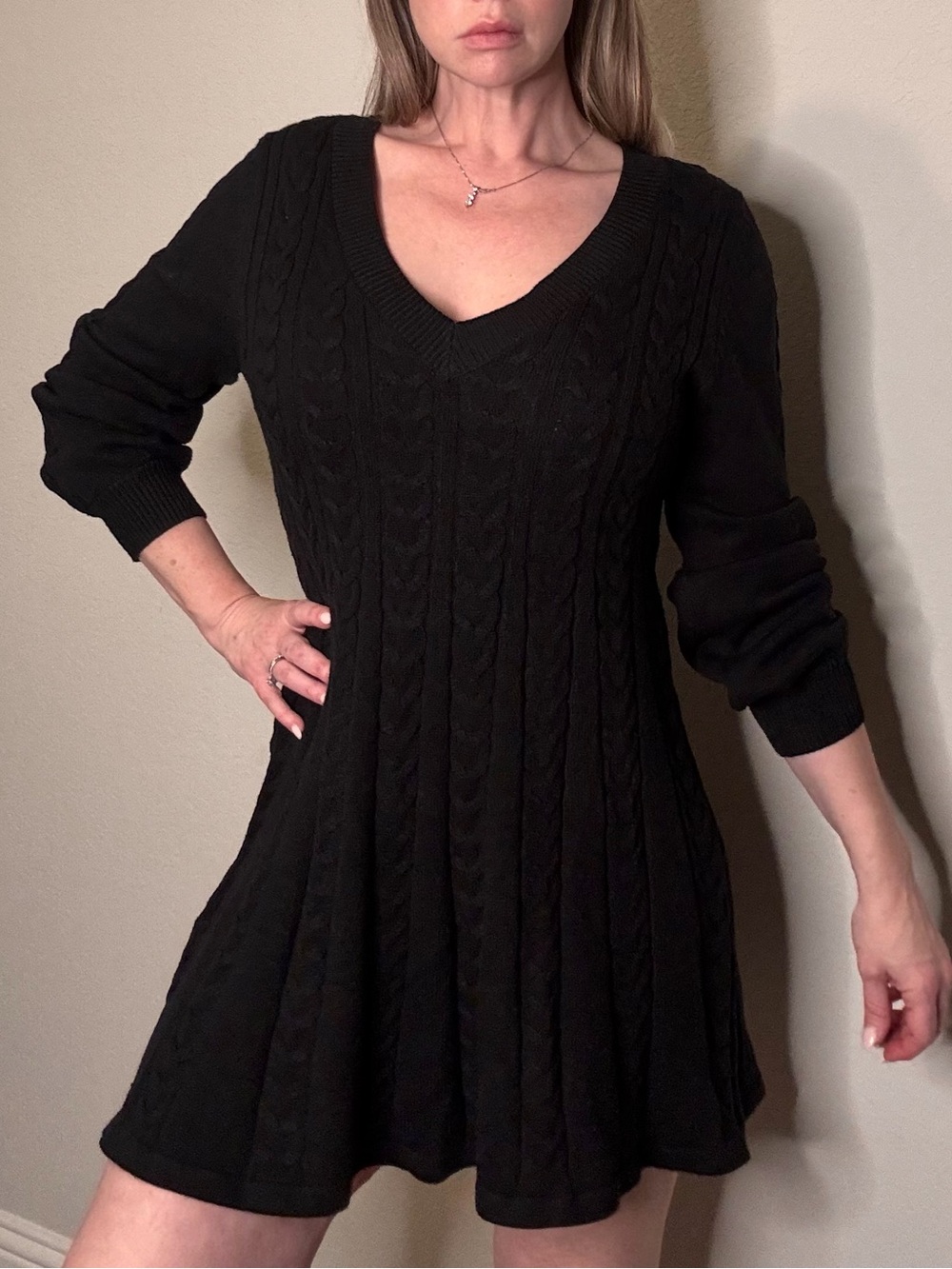 Black Cable-Knit V-Neck Sweater Dress - Women